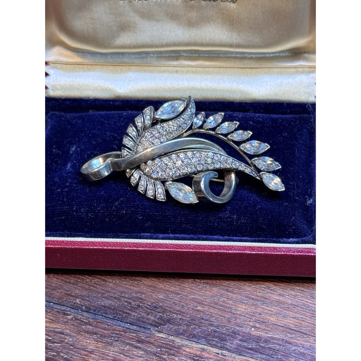 Vintage Pennino Sterling Brooch Clear Rhinestone Floral Spray 2.5” Signed