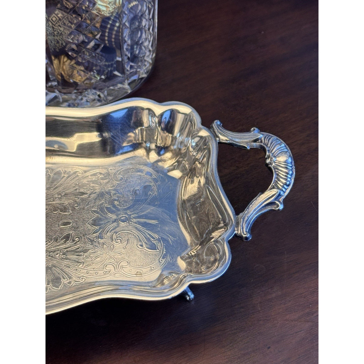 Silverplate Serving Tray 5th Ave Silver Co Footed Handled Chased Vintage 14.5”