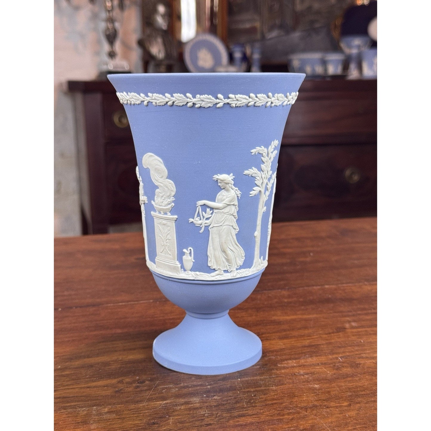 Vintage Wedgwood Jasperware Vase Blue White Classical Figures Pedestal 7.5”