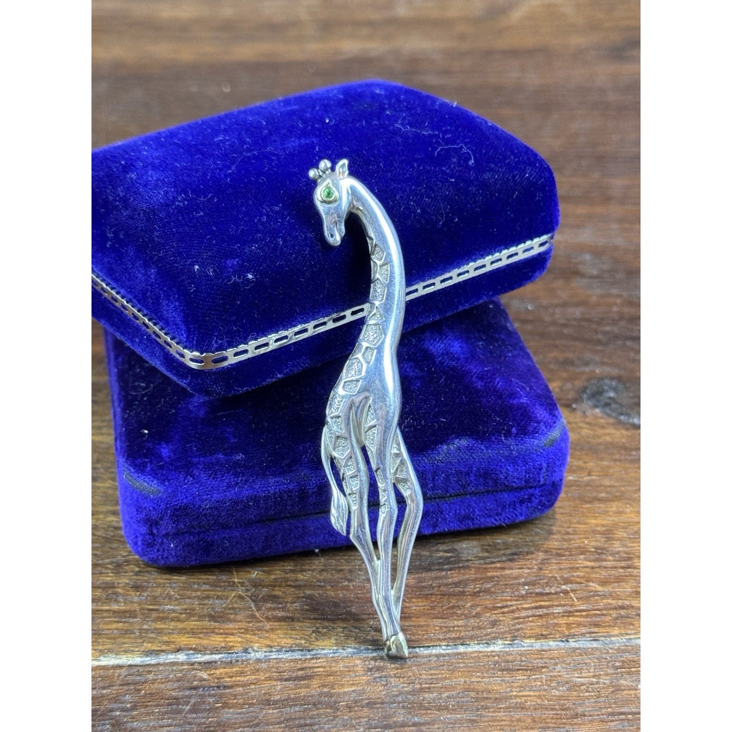 Vintage Sterling Silver 14K Gold Giraffe Brooch Green Eye Figural 3.75”