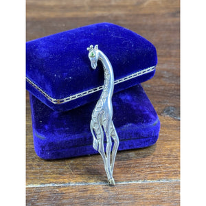 Vintage Sterling Silver 14K Gold Giraffe Brooch Green Eye Figural 3.75”