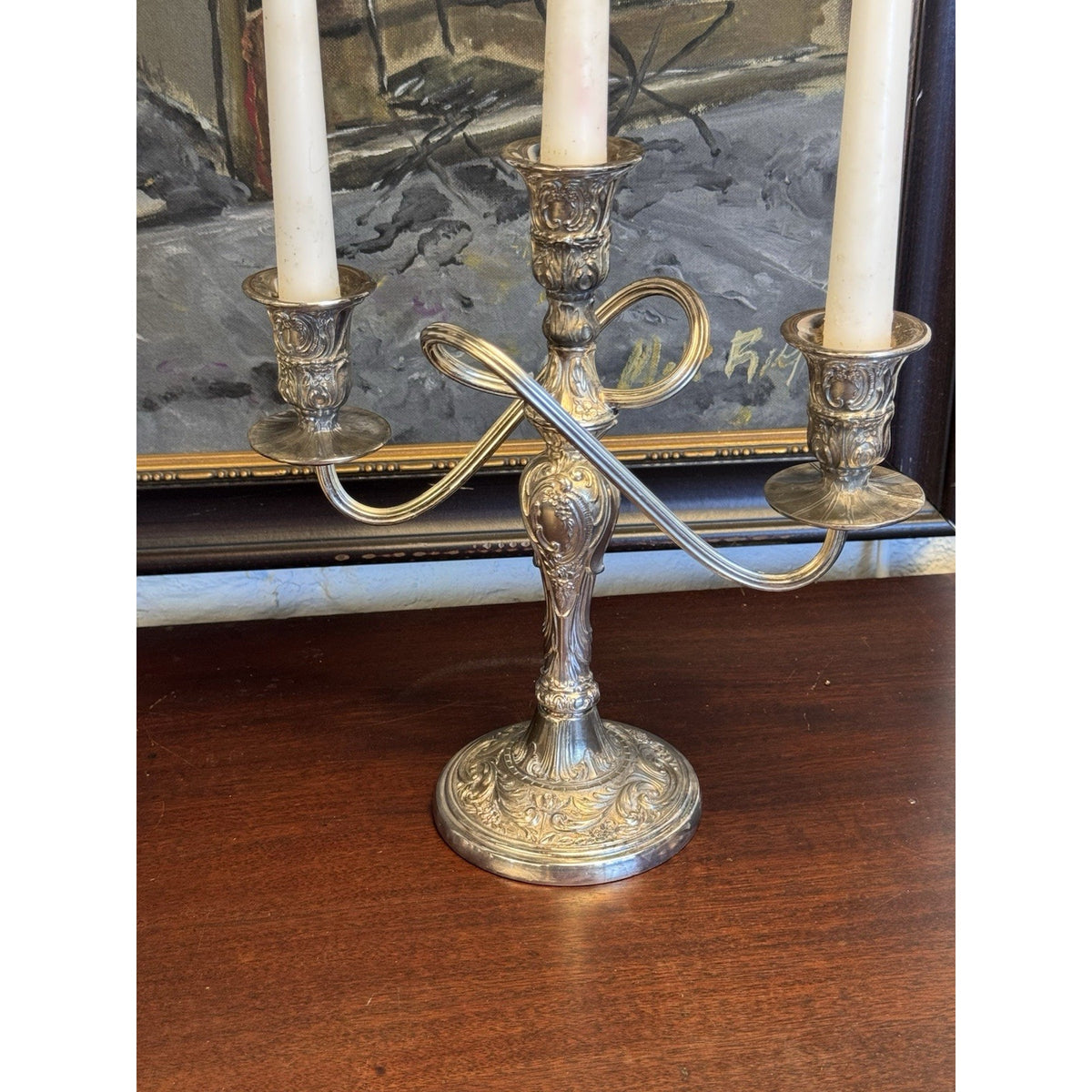 Candelabra Pair Silverplate WM Rogers 3 Light Ornate Floral Scroll Vintage 10”