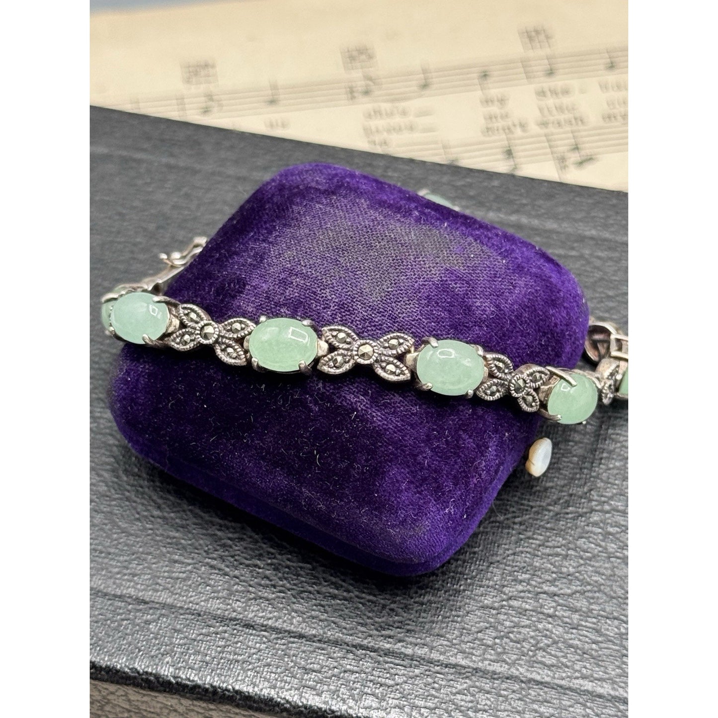 Sterling Bracelet Marcasite Green Cabochon Link 7.75” MISSING Marcasite‼️