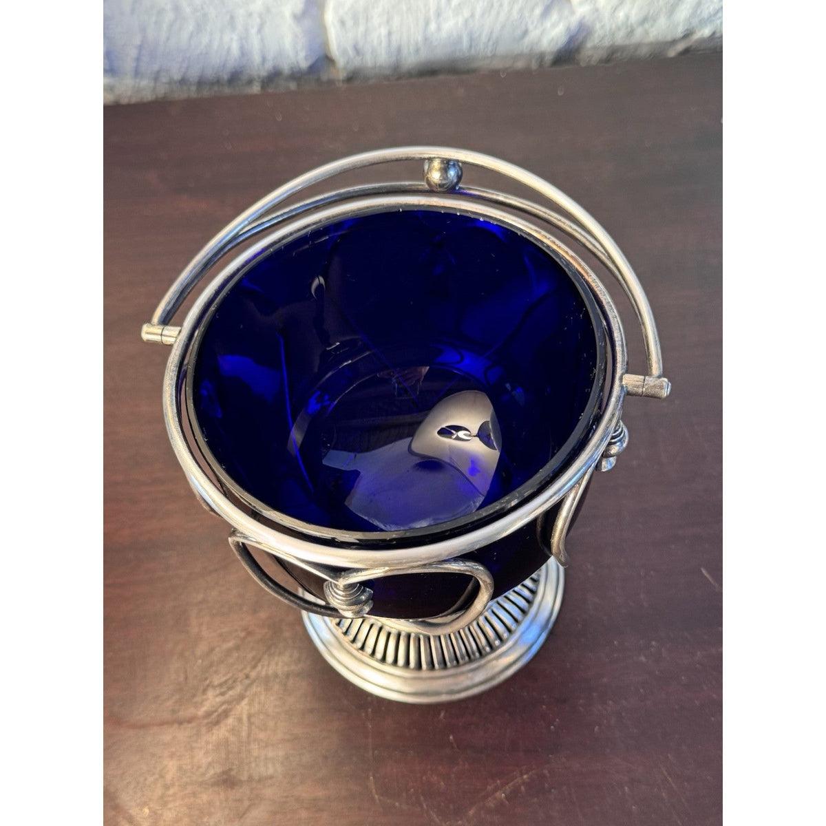Vintage Bonbon Basket Cobalt Blue Glass Silverplate Heart Shapes Pedestal 7.5”