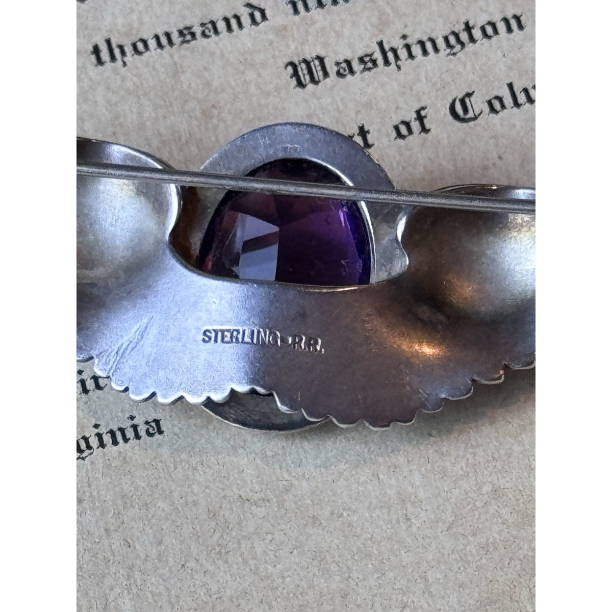 Sterling Isis Brooch Egyptian Revival Purple & Green Stones 3” x .75”