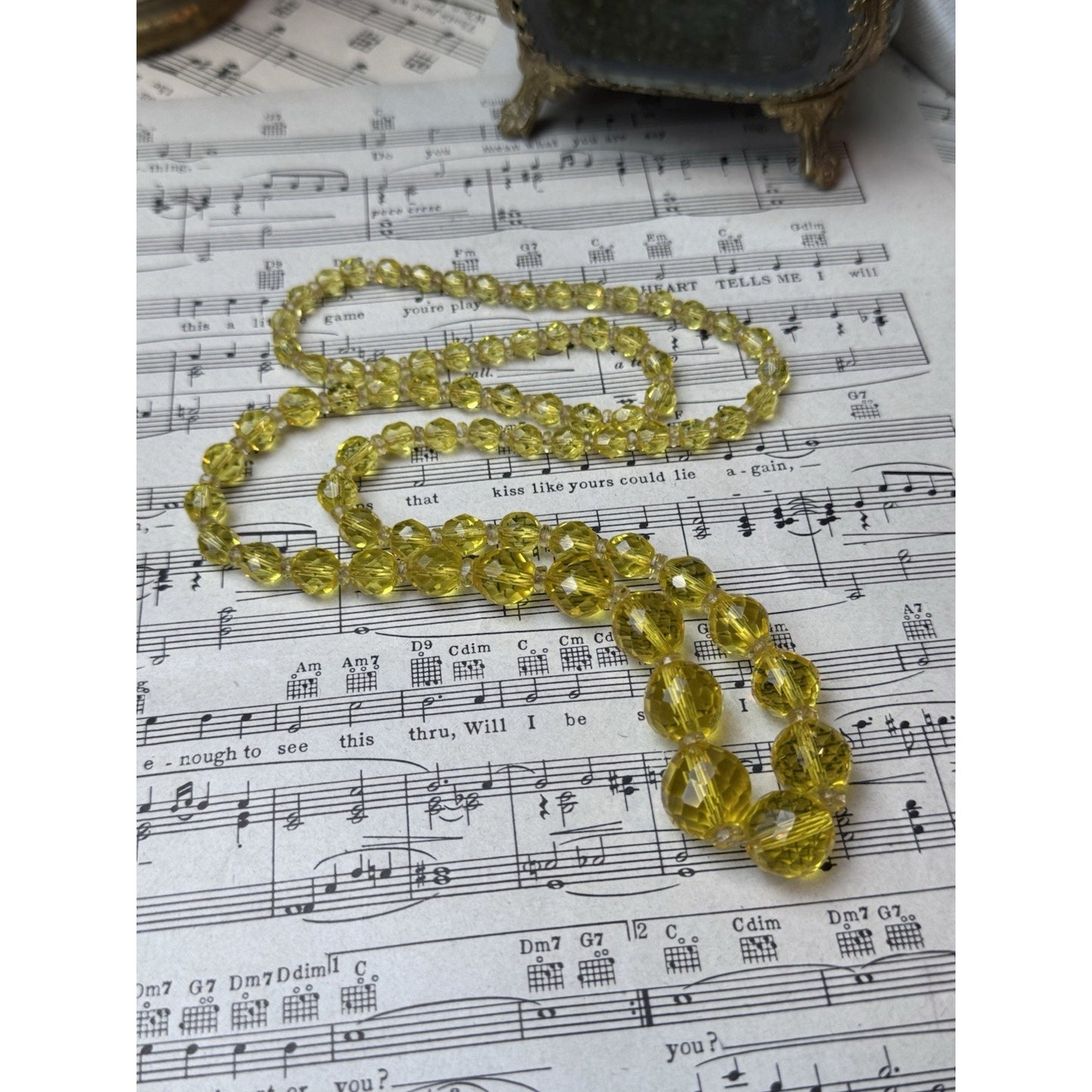 Vintage Lemon Glass Bead Necklace Faceted Graduated 27” No Clasp Czech Style