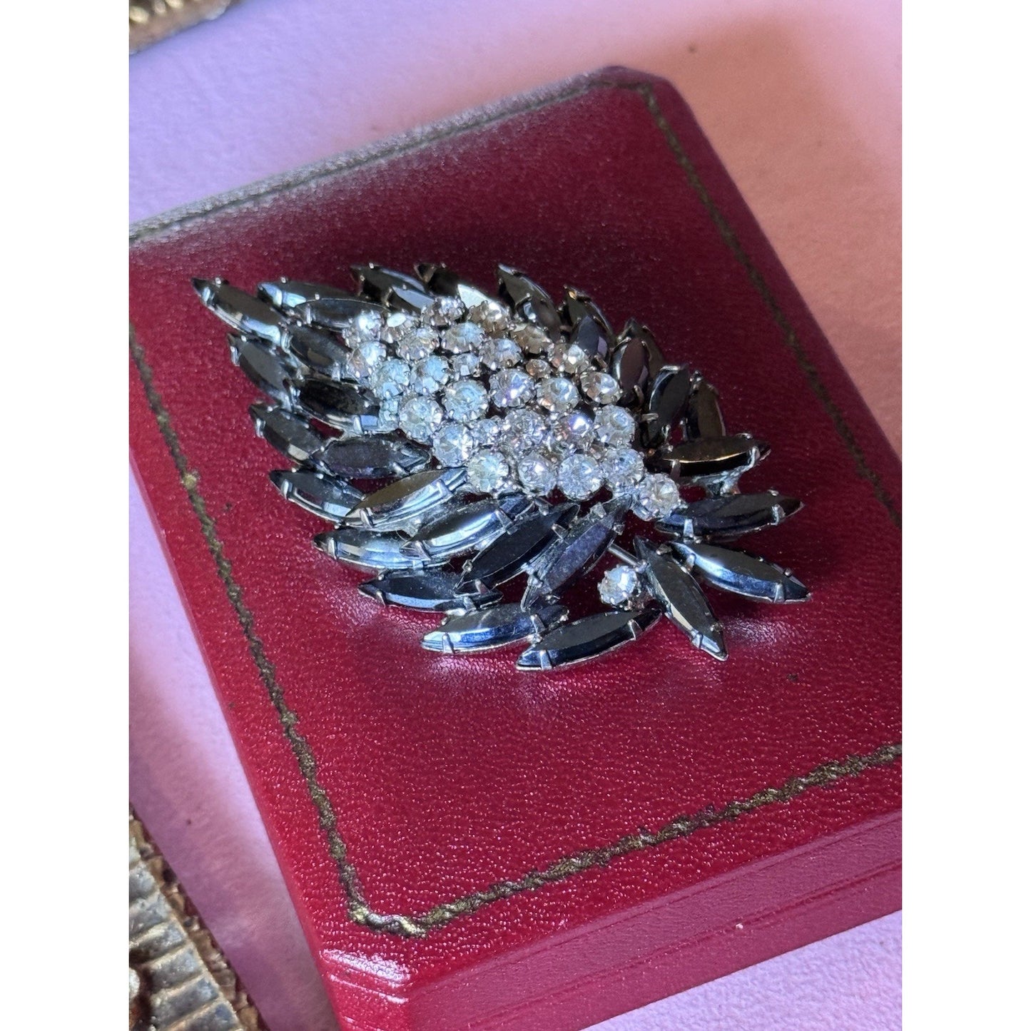 Vintage Black Rhinestone Brooch Clear Crystal Floral Spray Pin 3” Statement