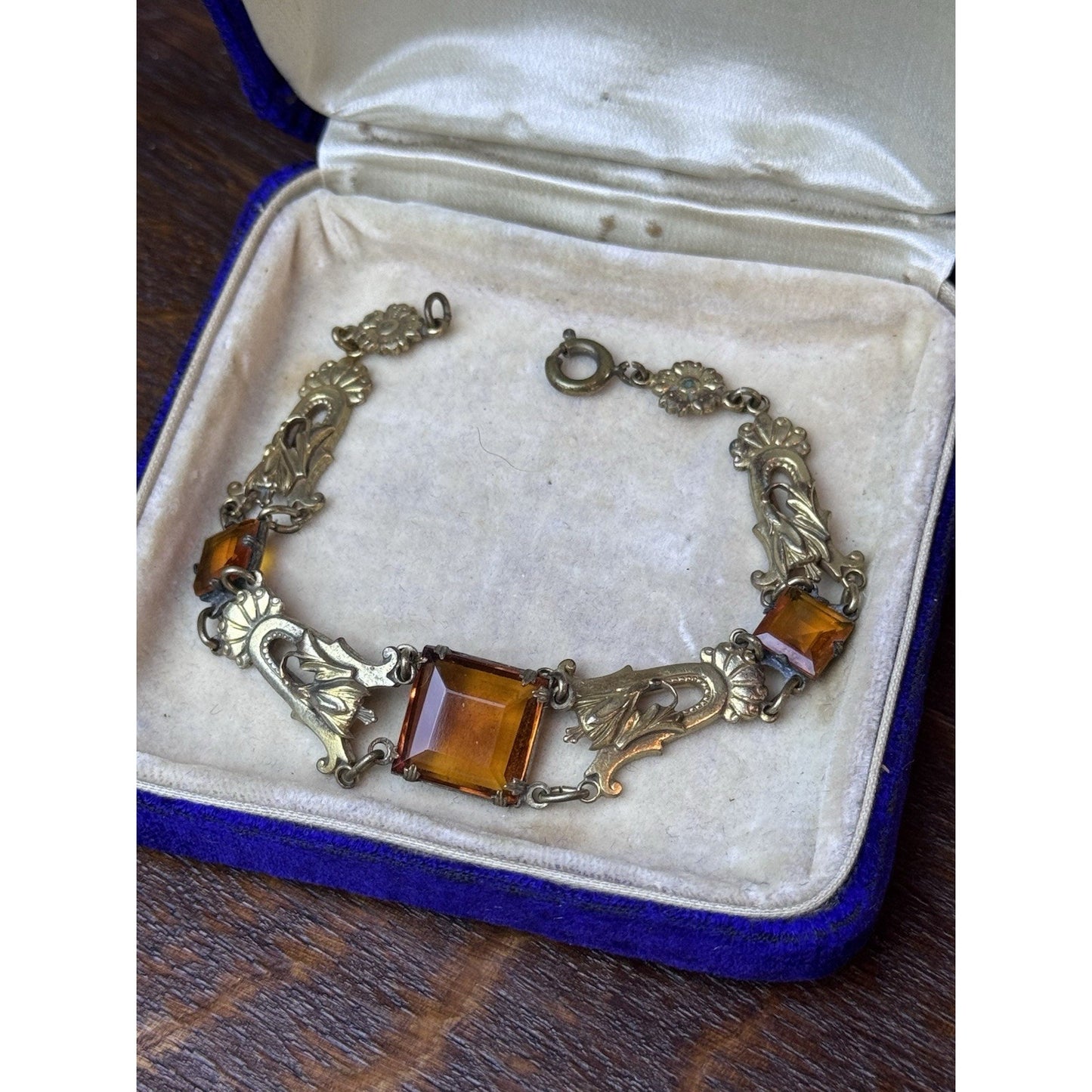 Antique Czech Bracelet Ambertone Paste Art Nouveau Goldtone Floral Links 7.25”
