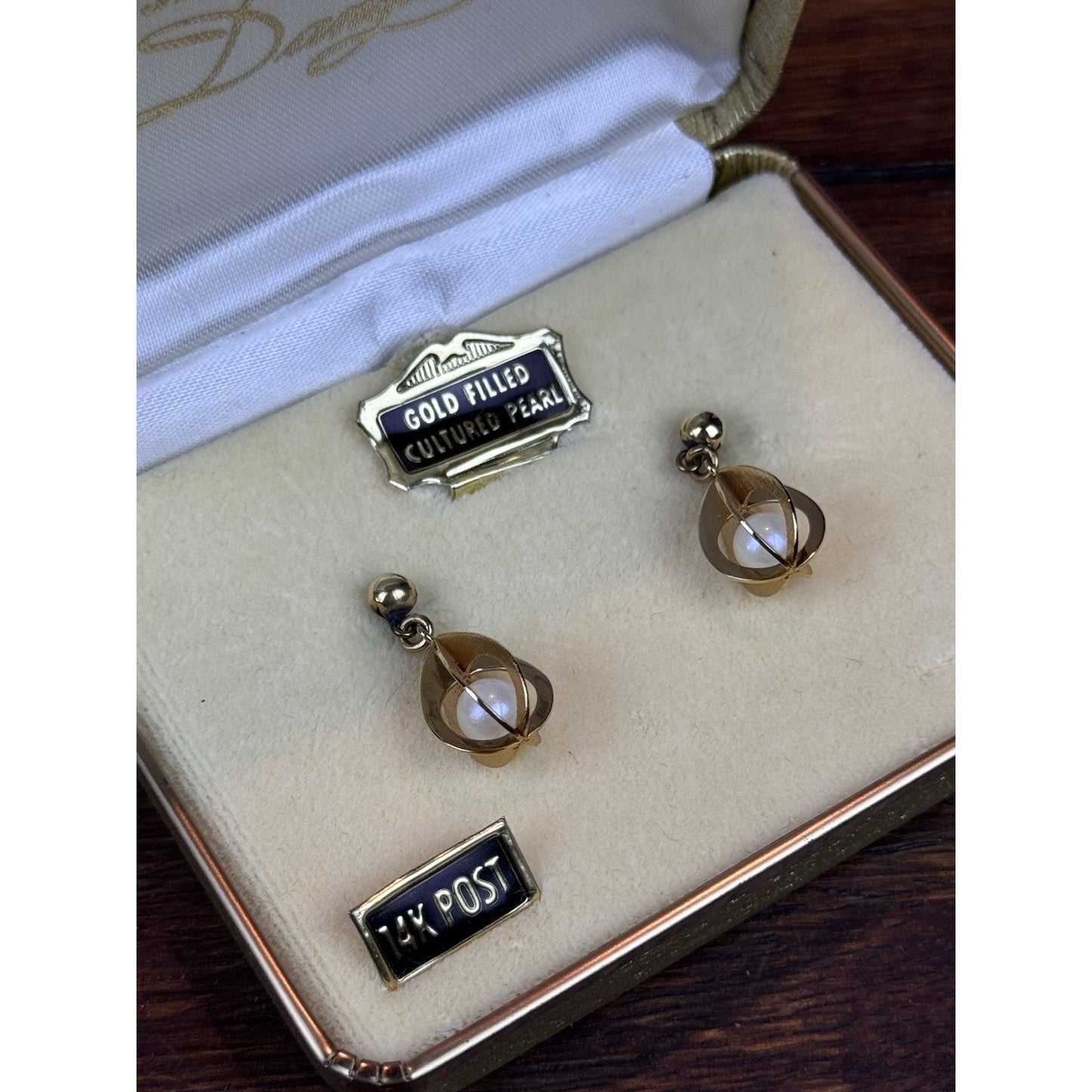 Vintage Gold Filled Cultured Pearl Drop Earrings 14K Posts Orig Case 1.25”
