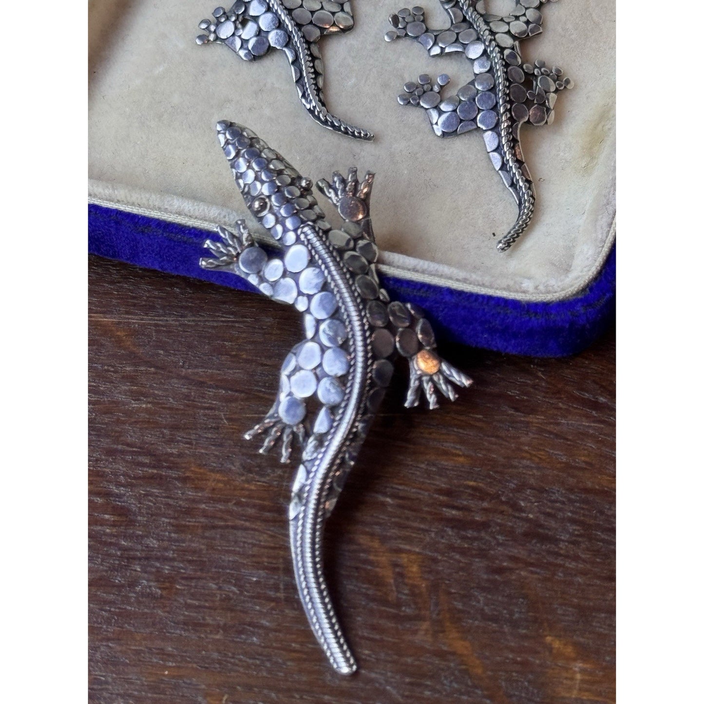 Vintage 925 Sterling Gecko Brooch Earrings Set Green Glass Beads Handmade