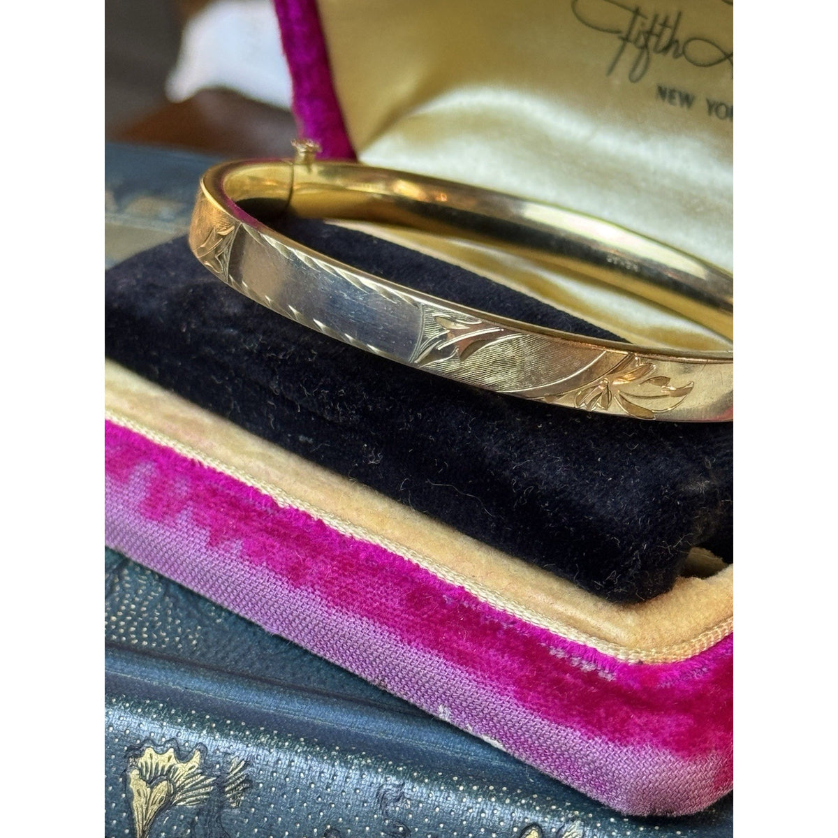 Gold-Filled Bangle Bracelet Engraved Leaf Design No Monogram Signed WEH GF 6.75”