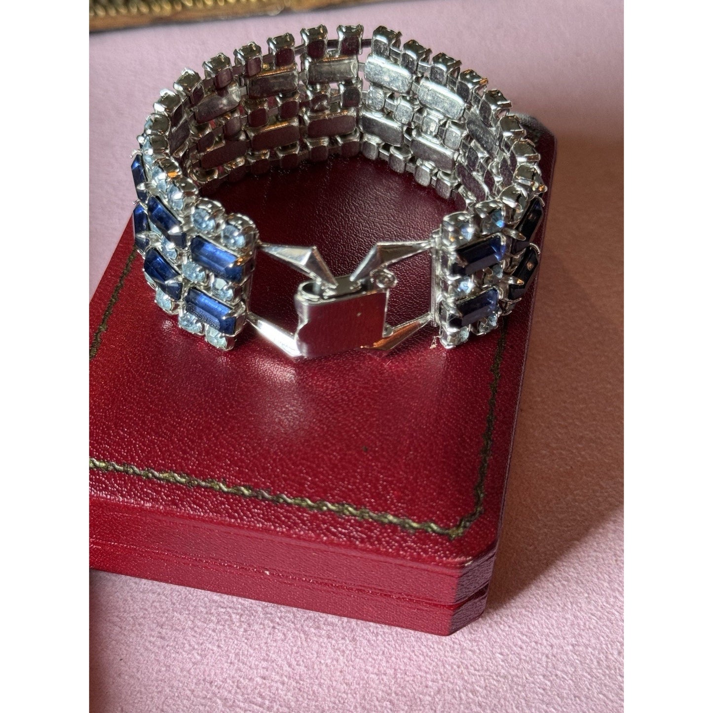 Vintage Bracelet Blue Rhinestone 5 Rows-3 Ice Blue 2 Dark Blue Silvertone 6”