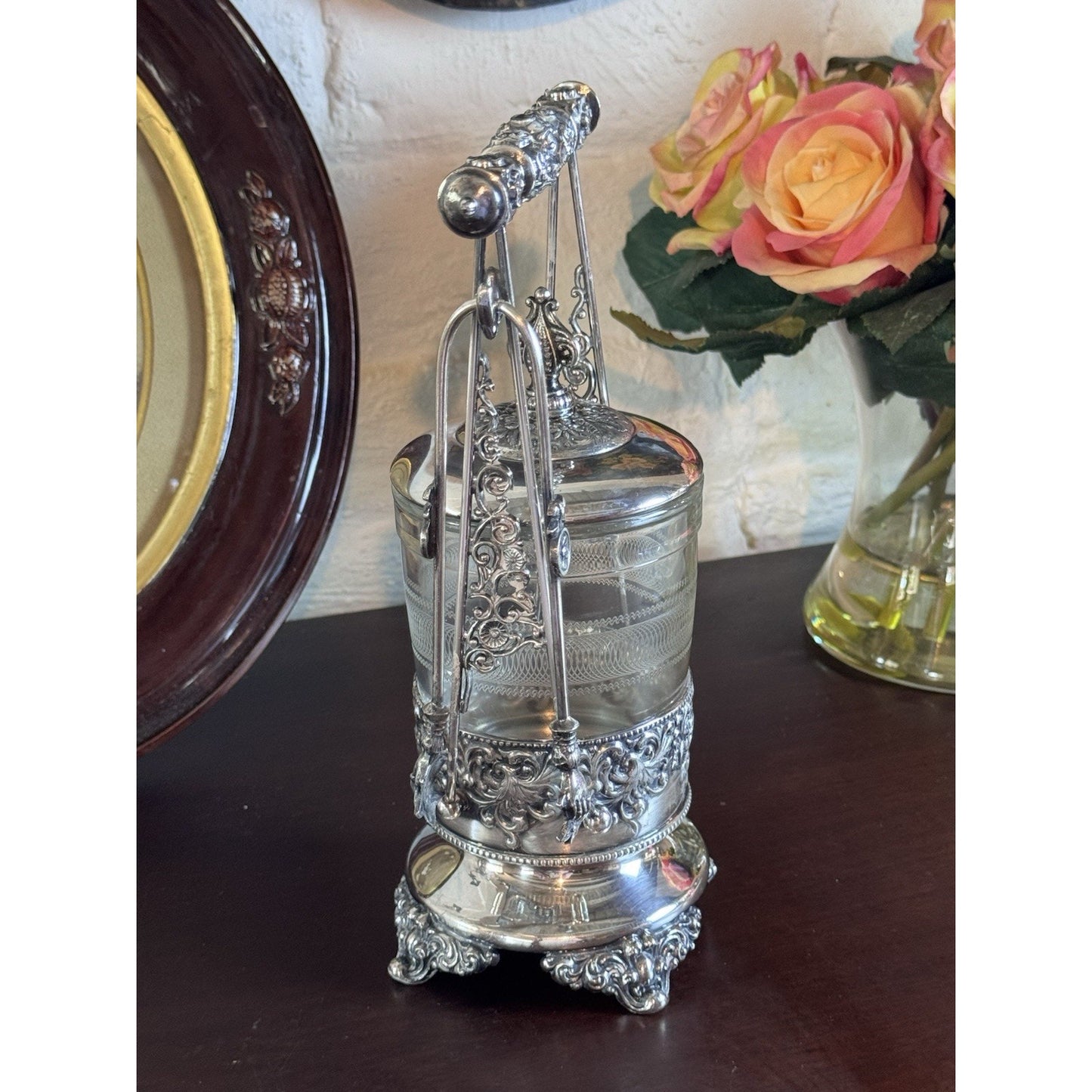 Antique Pickle Castor Forbes Silver Co Quadruple Plate Glass Jar & Tongs