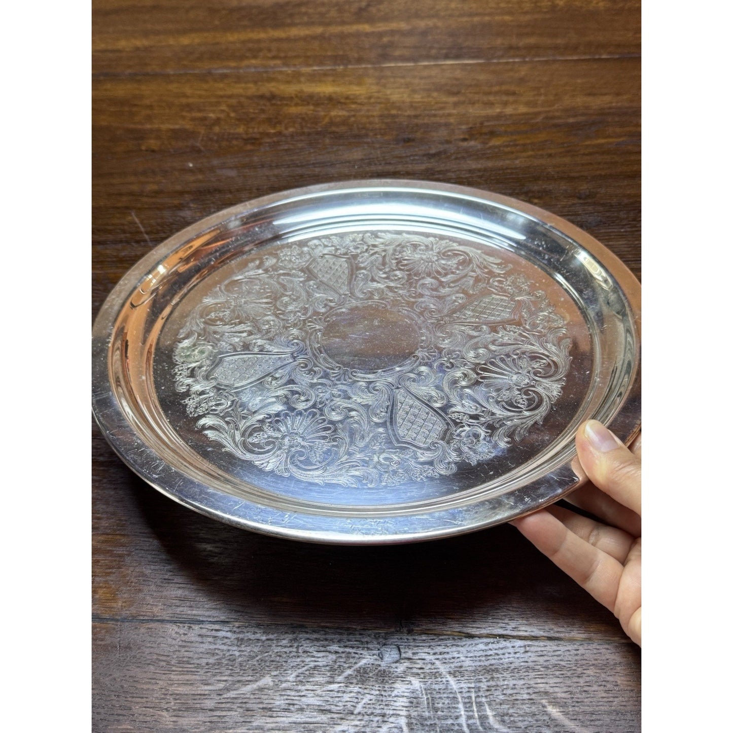 Vintage Silverplate Round Serving Tray 12” Ornate Floral Engraved Platter