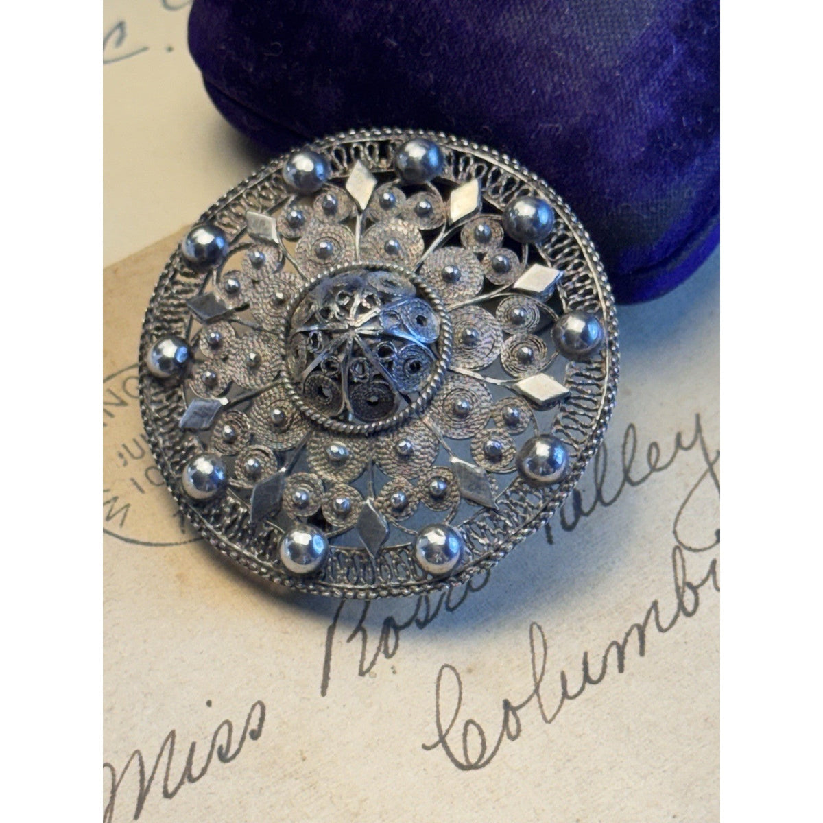 990 Silver Cannetille Filigree Brooch Antique Style Round Statement Pin 1.75"