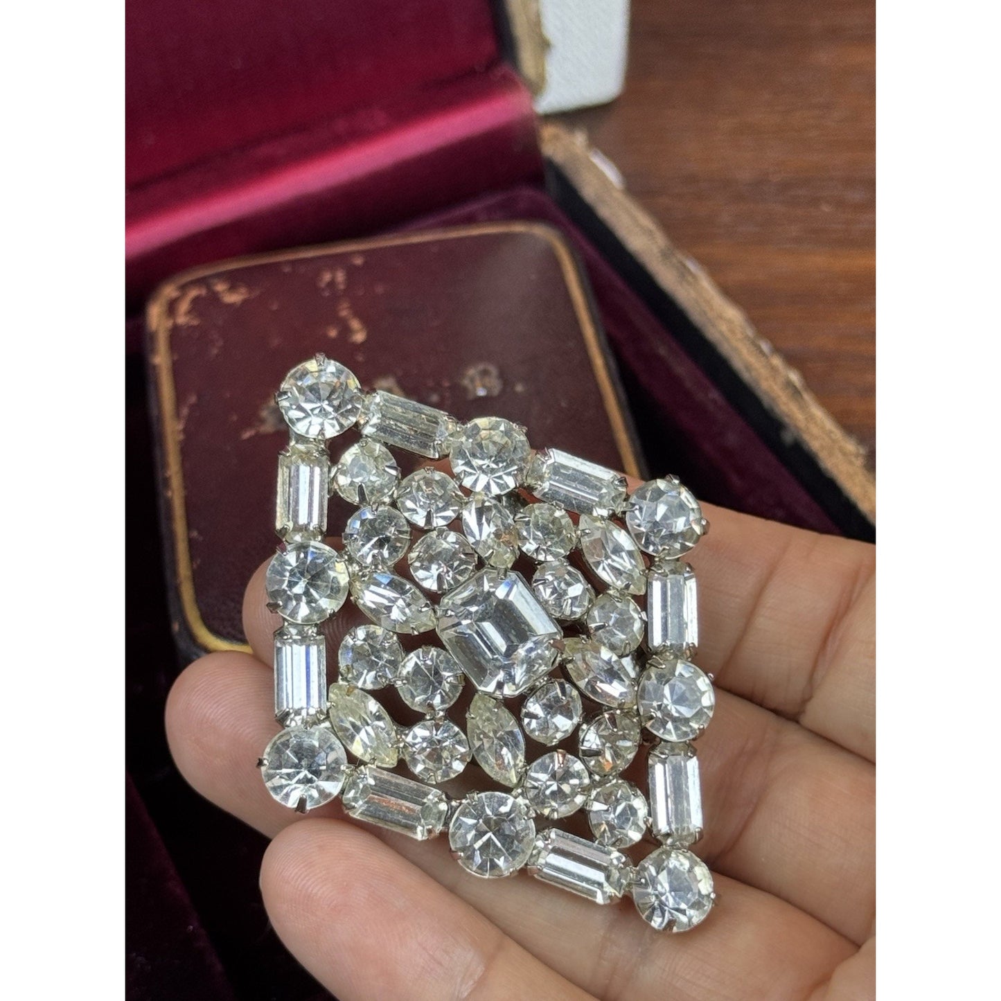 Vintage Clear Rhinestone Statement Brooch – Art Deco Style 2.5” X 2”