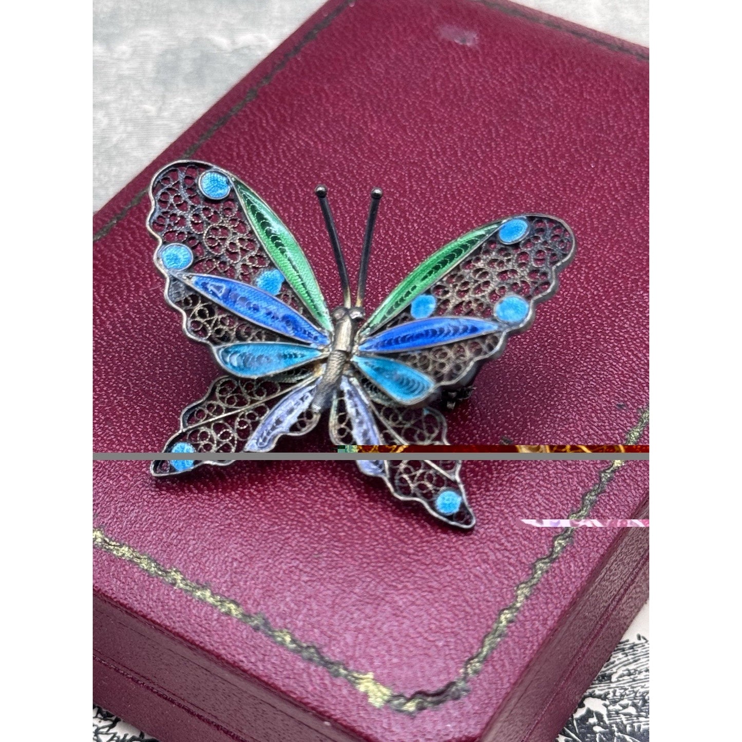 800 Silver Butterfly Brooch Filigree Enamel Blue Green 1.75” Estate VINTAGE