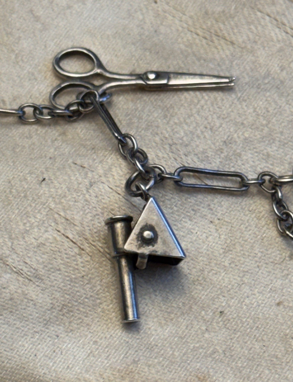 Sterling Silver Charm Bracelet 8 Charms Articulated Scissors & Cannon 6.75