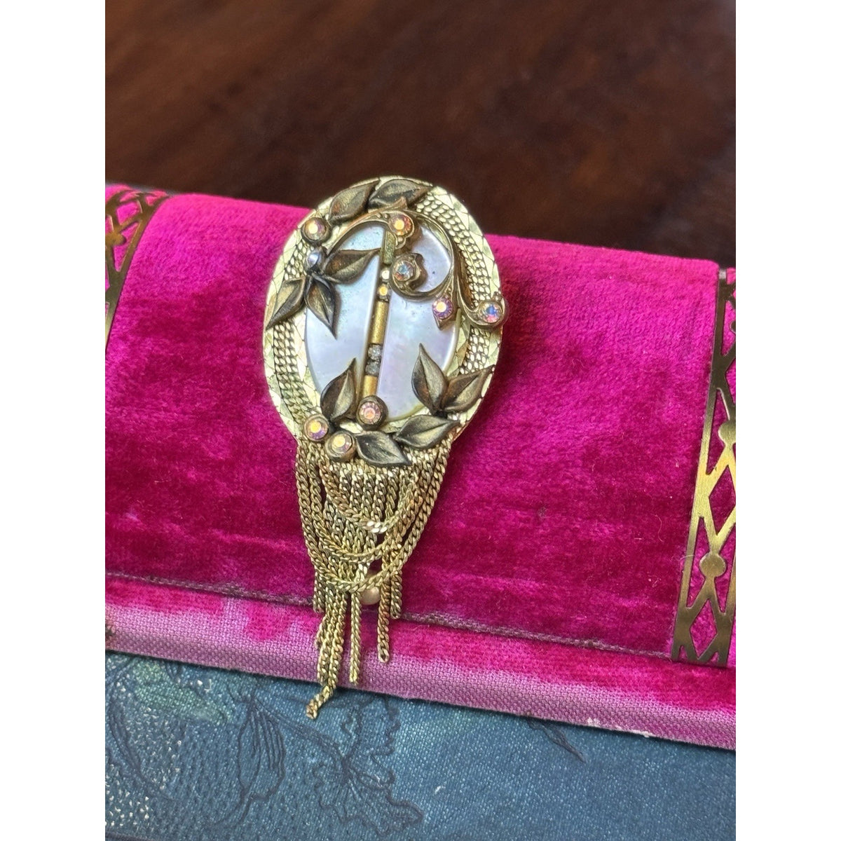 MARENA Brooch Pendant Goldtone Tassel Rhinestone Handmade Germany Vintage 2.75”