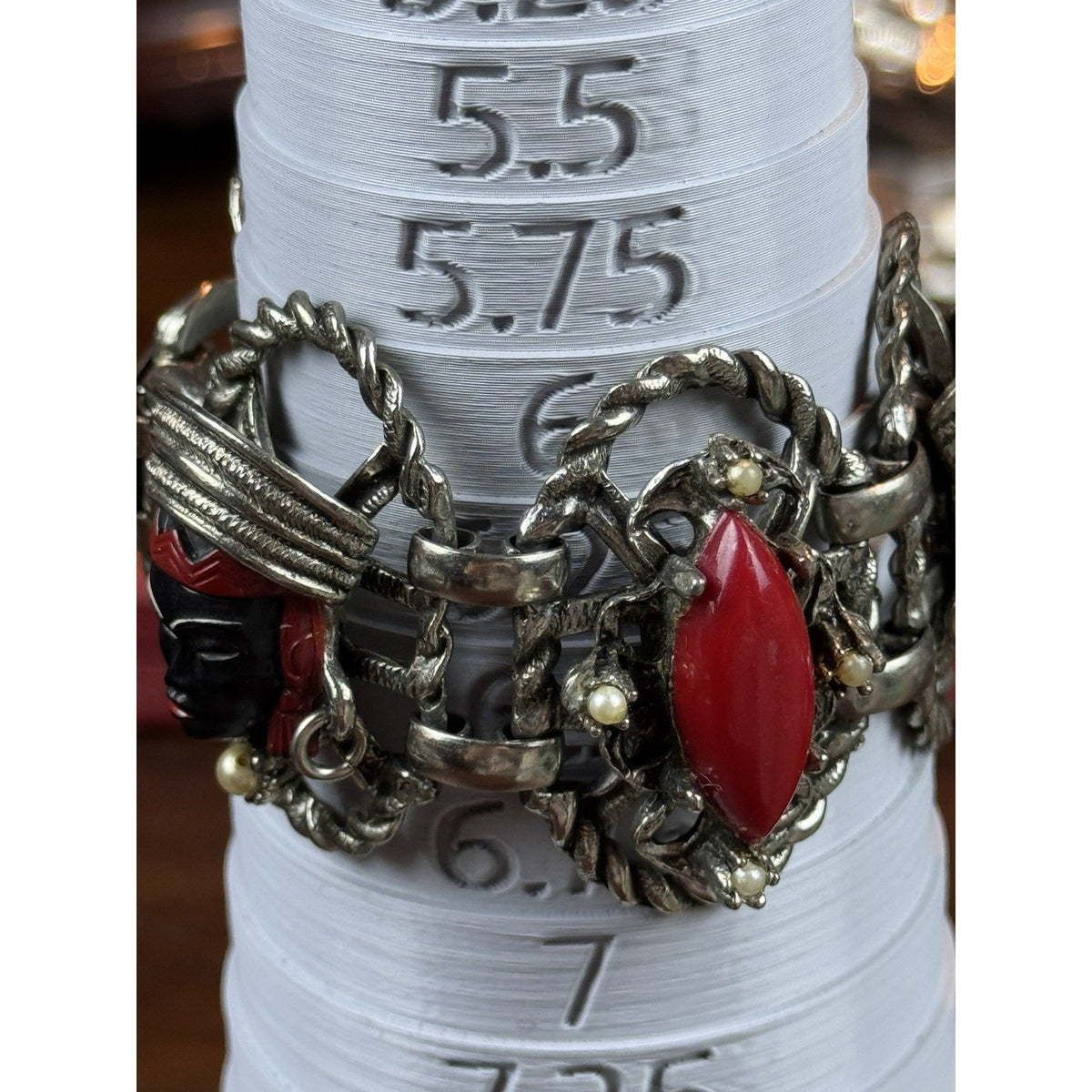 Vintage Selro Selini Bracelet Asian Princess Red Cabochon Faux Pearl 6”