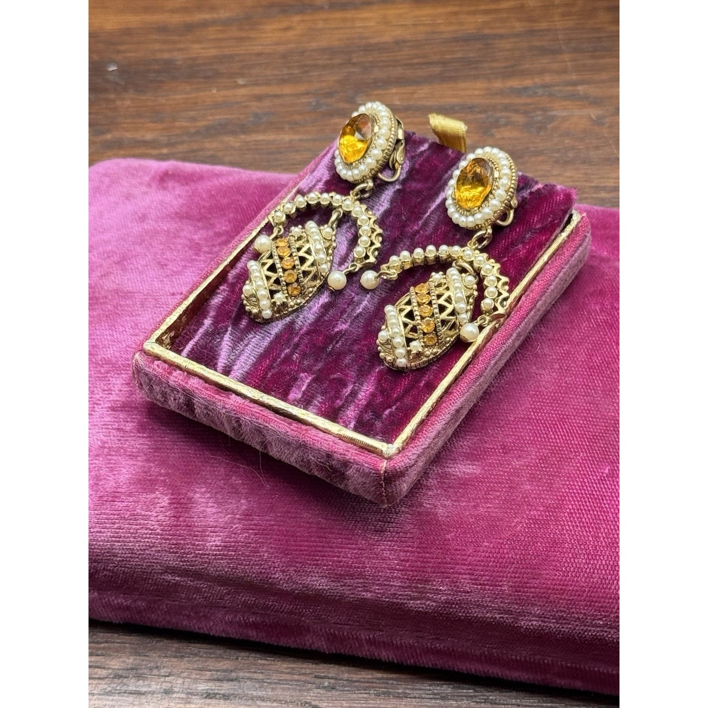 Vintage Clip-On Earrings Faux Pearl Amber Rhinestone Dangle Goldtone 2.5”