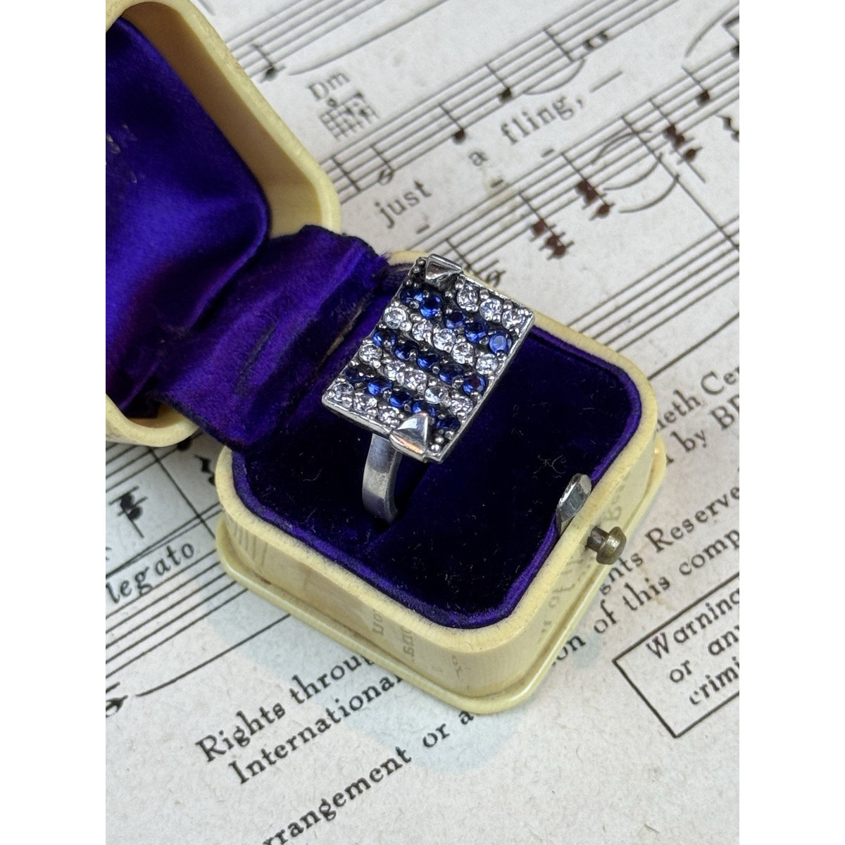 Sterling Silver Blue Clear Rhinestone Statement Ring Vintage 925 Size 7