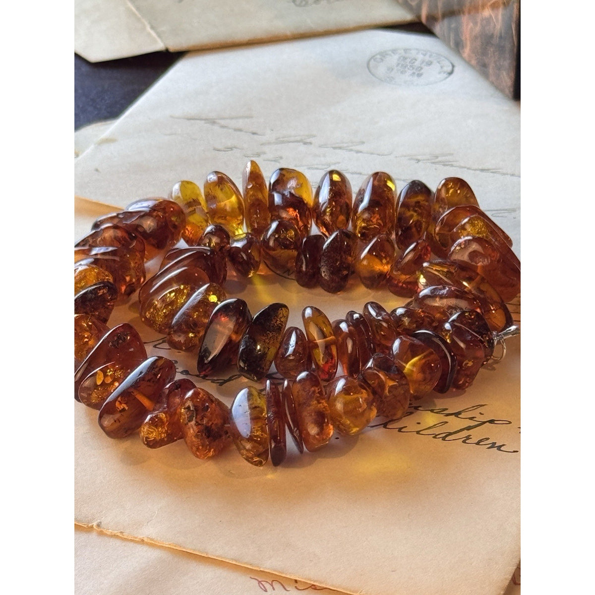 Vintage AMBER Necklace Chunky Graduated Nugget Beads Silvertone Clasp 16”