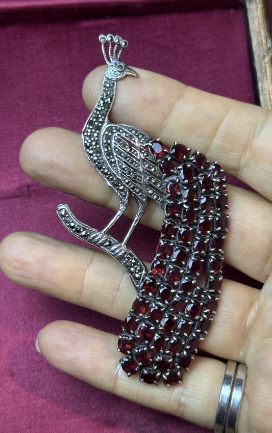 Sterling Peacock Brooch Red Garnet Marcasite Large 4.75” Figural VINTAGE