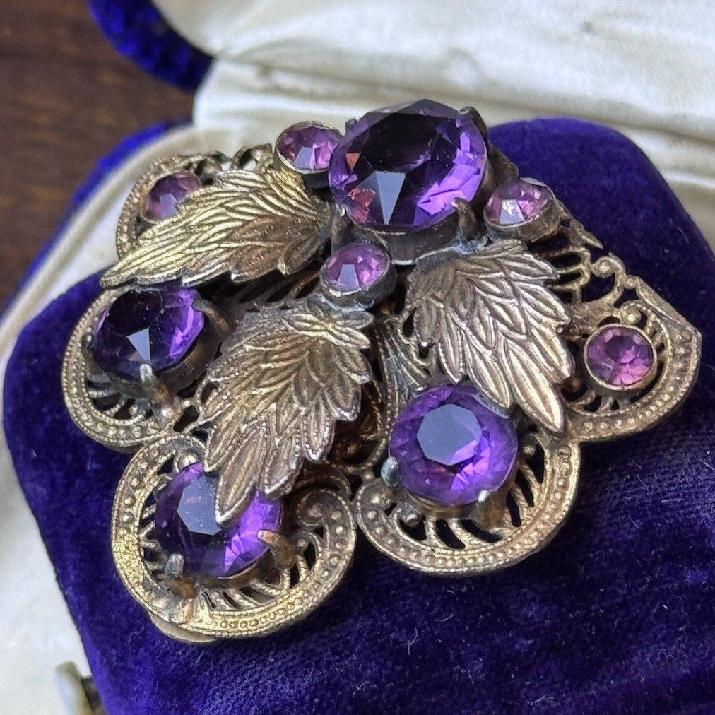 Antique Dress Clip Czech Style Purple Paste Goldtone Filigree Leaf Jewelry 1.75”
