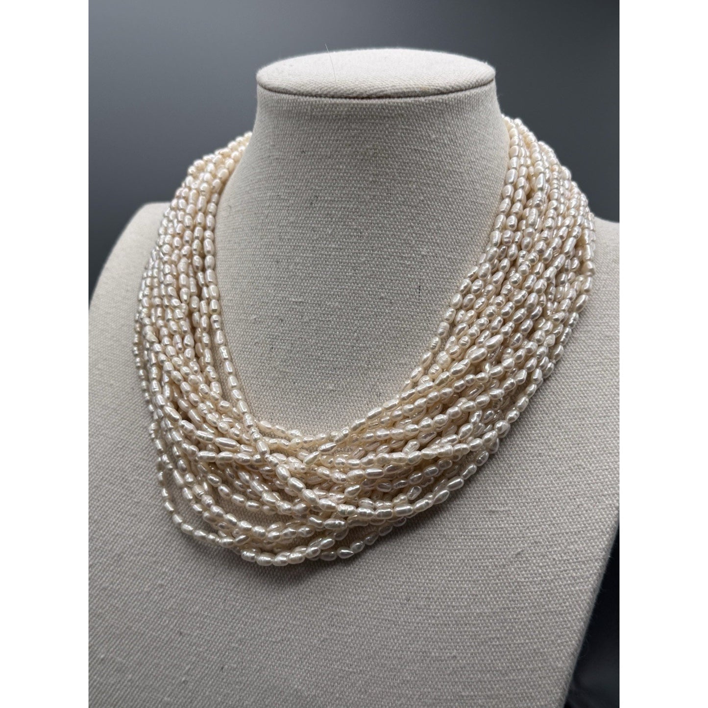 Natural Freshwater Pearl Necklace 19” Multi Strand Rice Pearl Goldtone Clasp