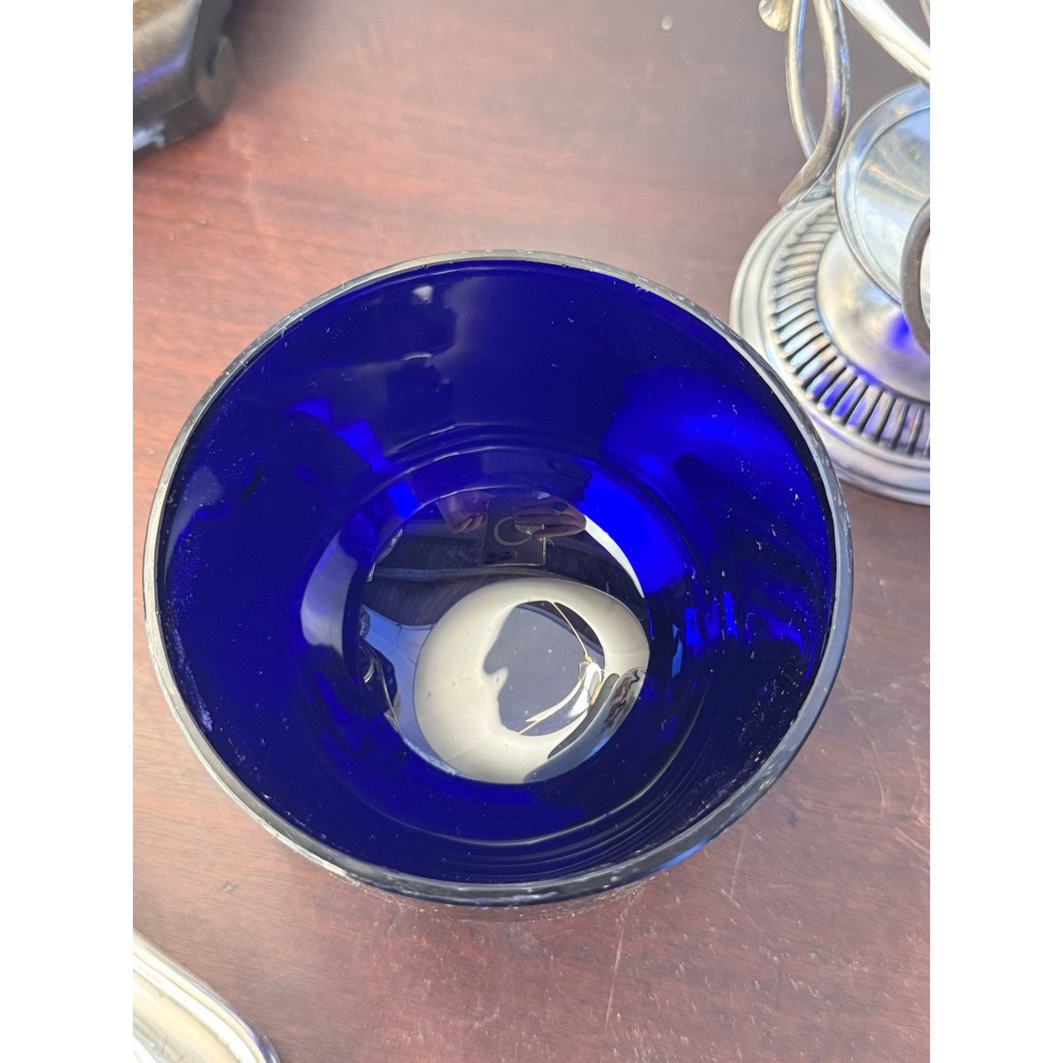 Vintage Bonbon Basket Cobalt Blue Glass Silverplate Heart Shapes Pedestal 7.5”