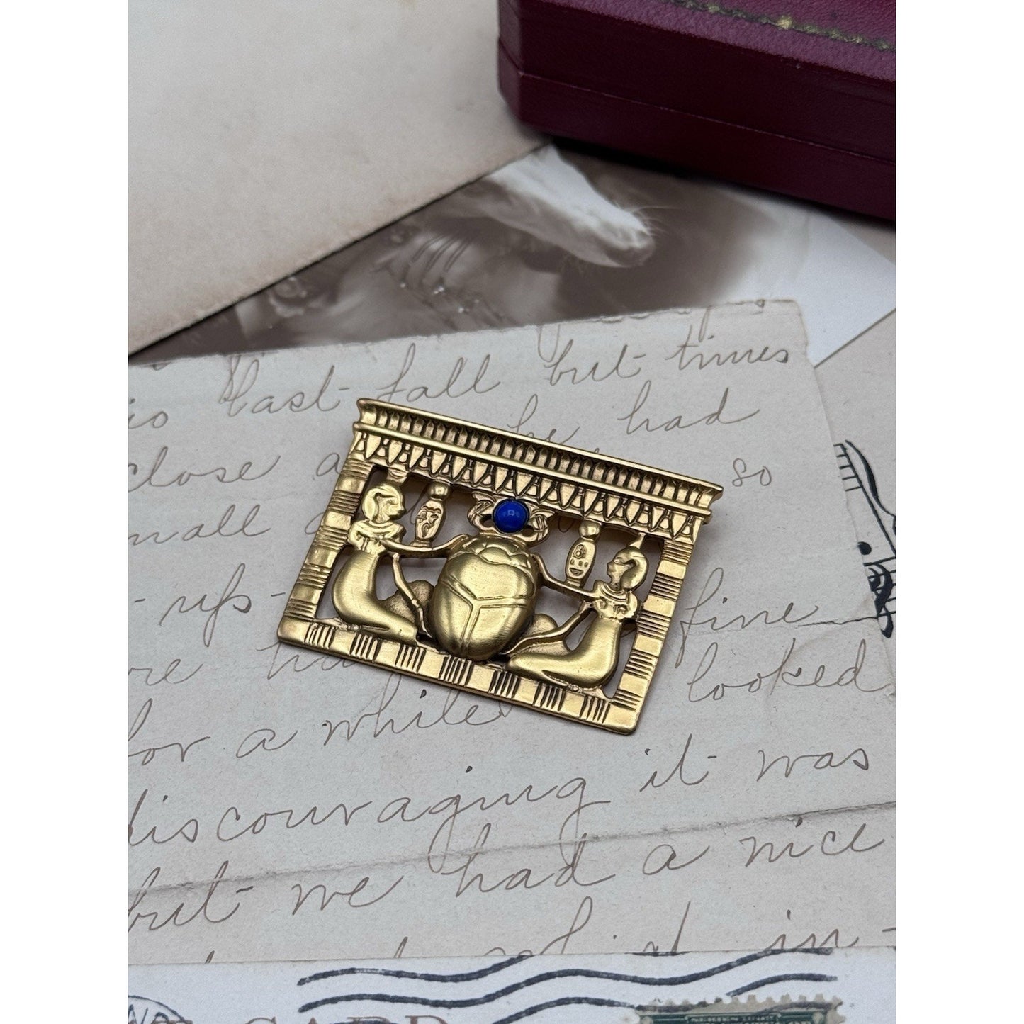 Egyptian Revival Goldtone Scarab Brooch Blue Cabochon 1.75” ESTATE FIND