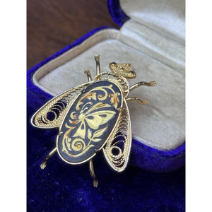 Spanish Damascene Bee Brooch Gold Inlay Black Toledo Insect Pin