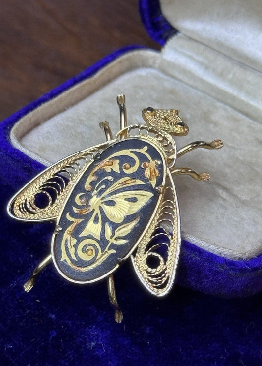 Spanish Damascene Bee Brooch Gold Inlay Black Toledo Insect Pin