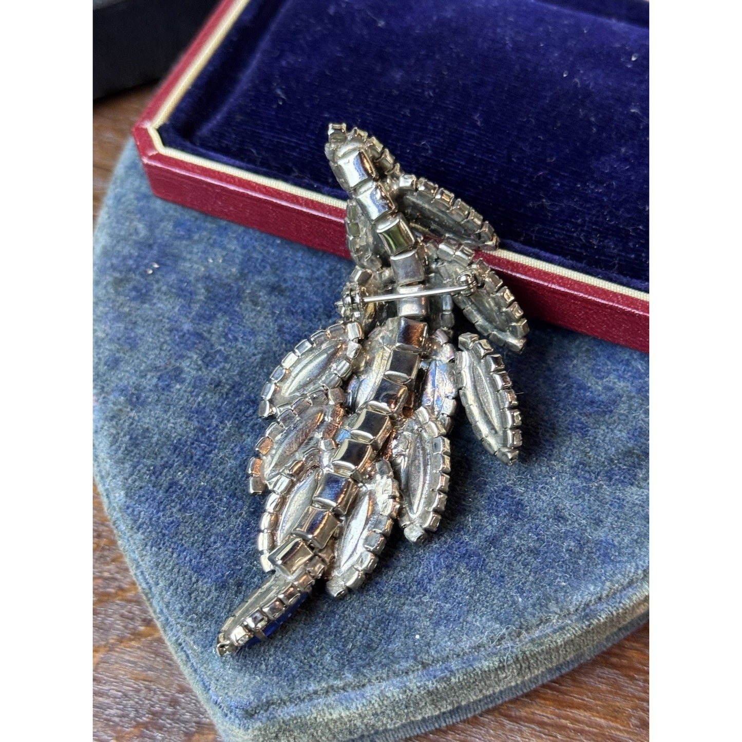 Vintage Blue Rhinestone Shoulder Brooch Articulated Dangle Spray Pin 3.5”