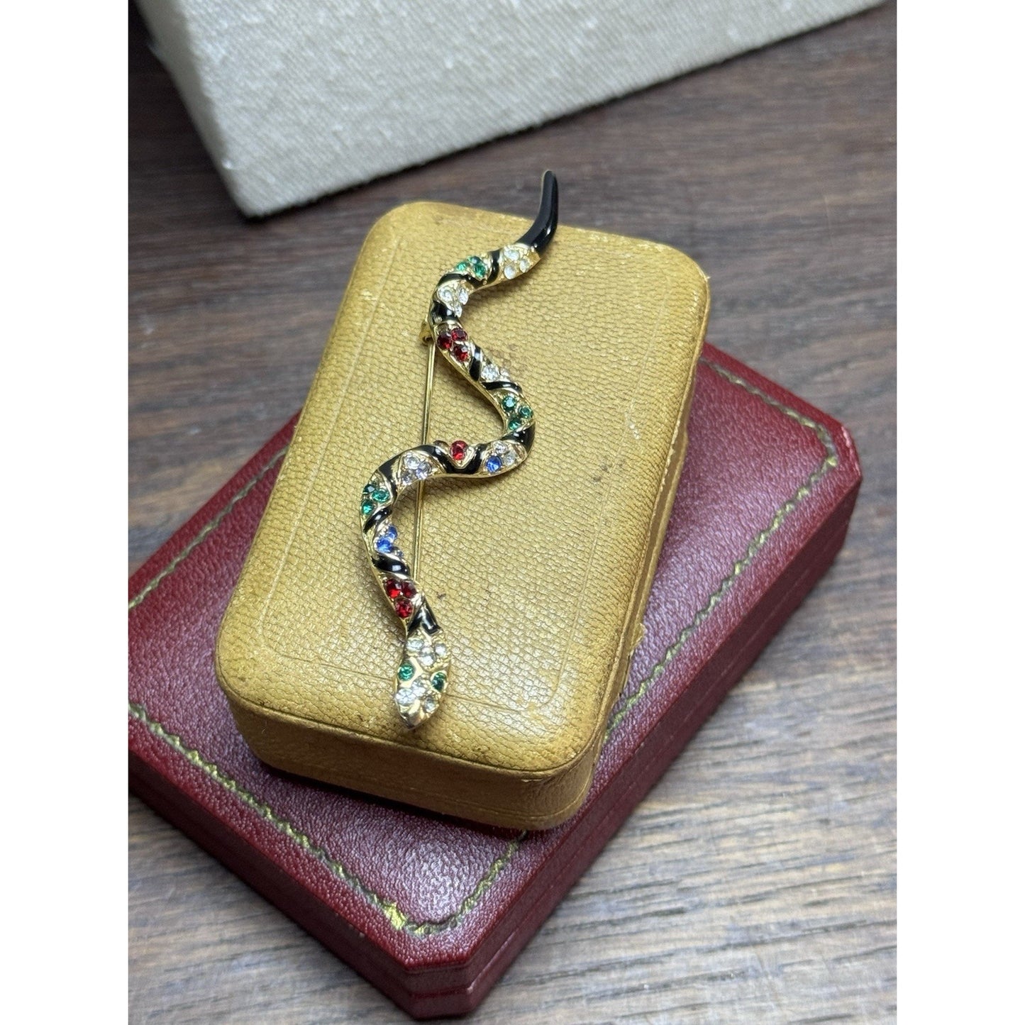 Vintage Serpent Brooch Victorian Revival Rhinestone Black Enamel Snake Pin 3.25”