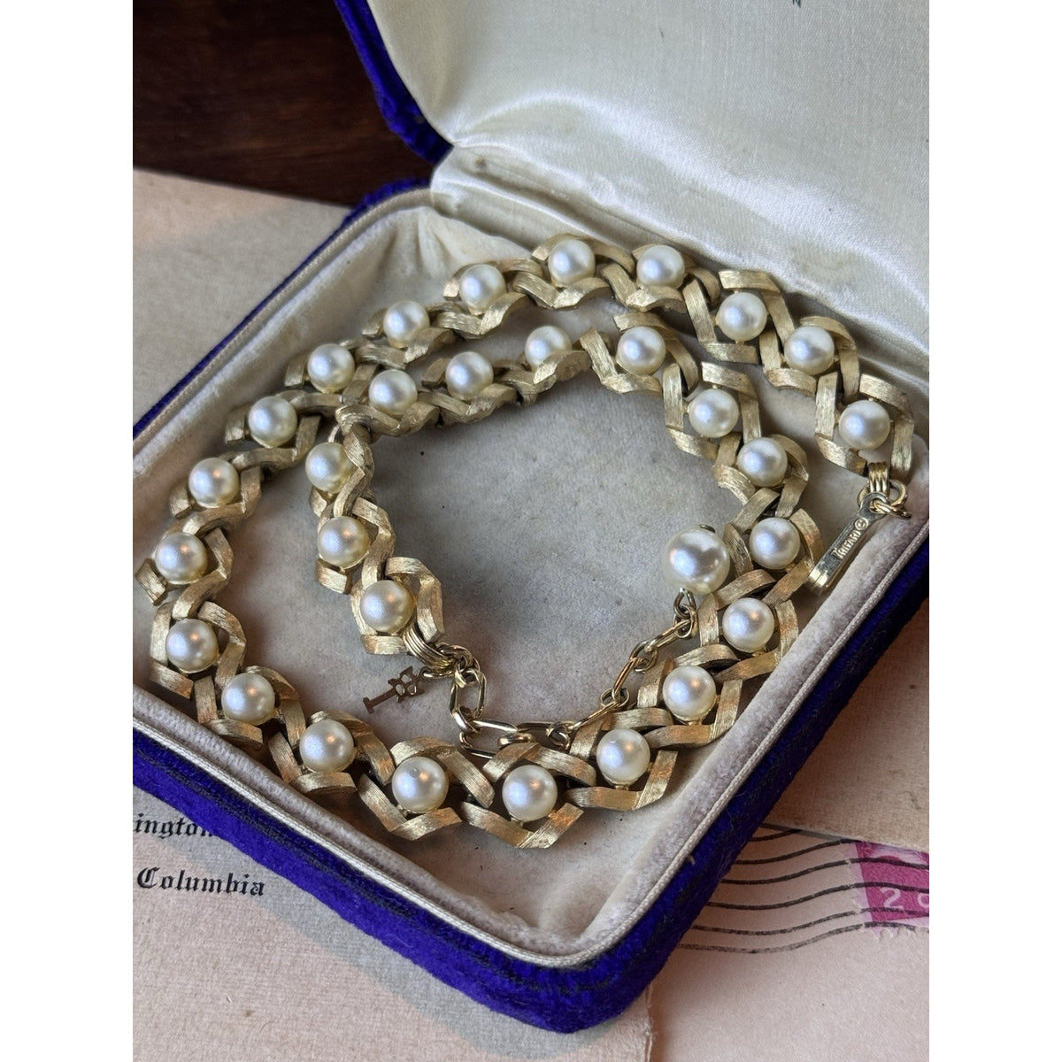 Vintage Trifari Faux Pearl Necklace Brushed Goldtone Signed Adjustable 16” x .5”