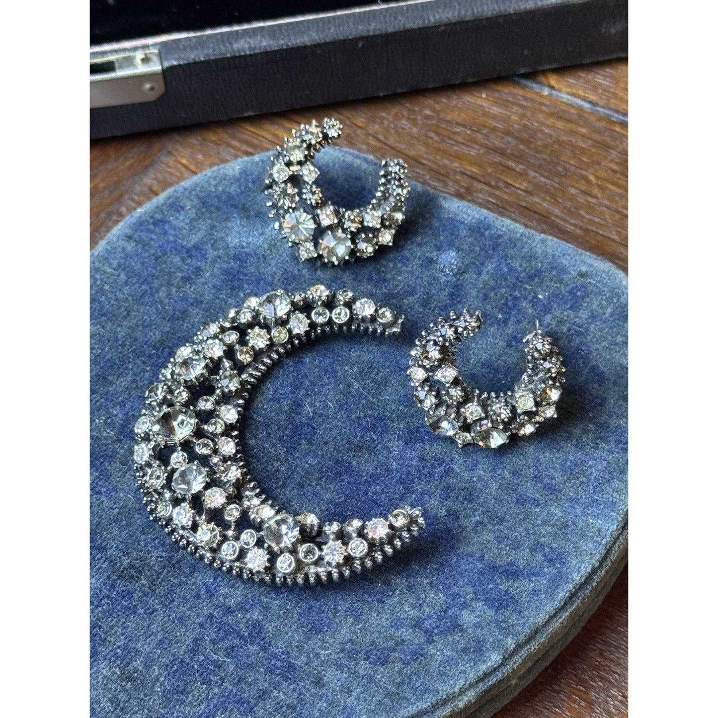 Vintage Rhinestone Crescent Moon Brooch Earrings Set Gray Clear Clip-On 3 Pc