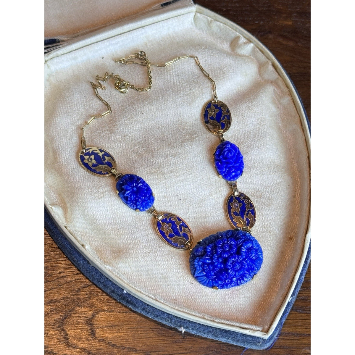 Vintage Czech Necklace Blue Pressed Glass Floral Enamel Goldtone Art Deco 16”