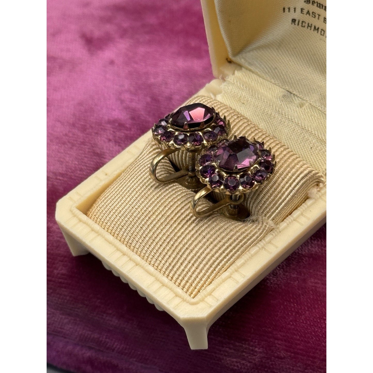 Vintage Earrings Purple Rhinestone Screw Back Goldtone Cluster .75” x .5”