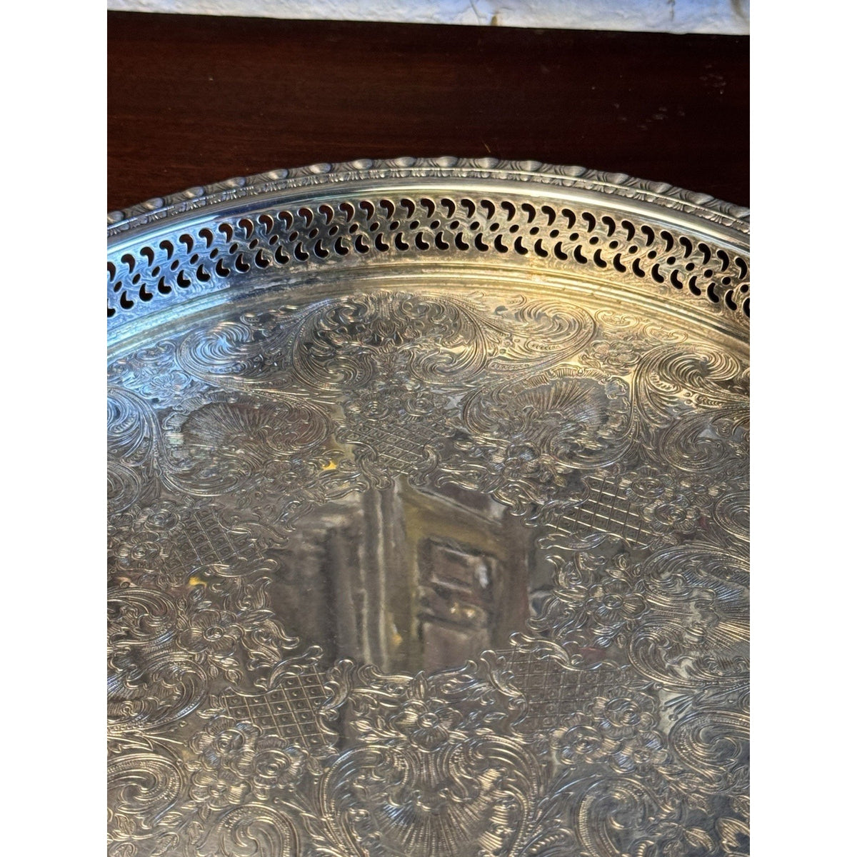 Silverplate Gallery Tray Chased Floral Shell Reticulated Edge Serving 12.5”
