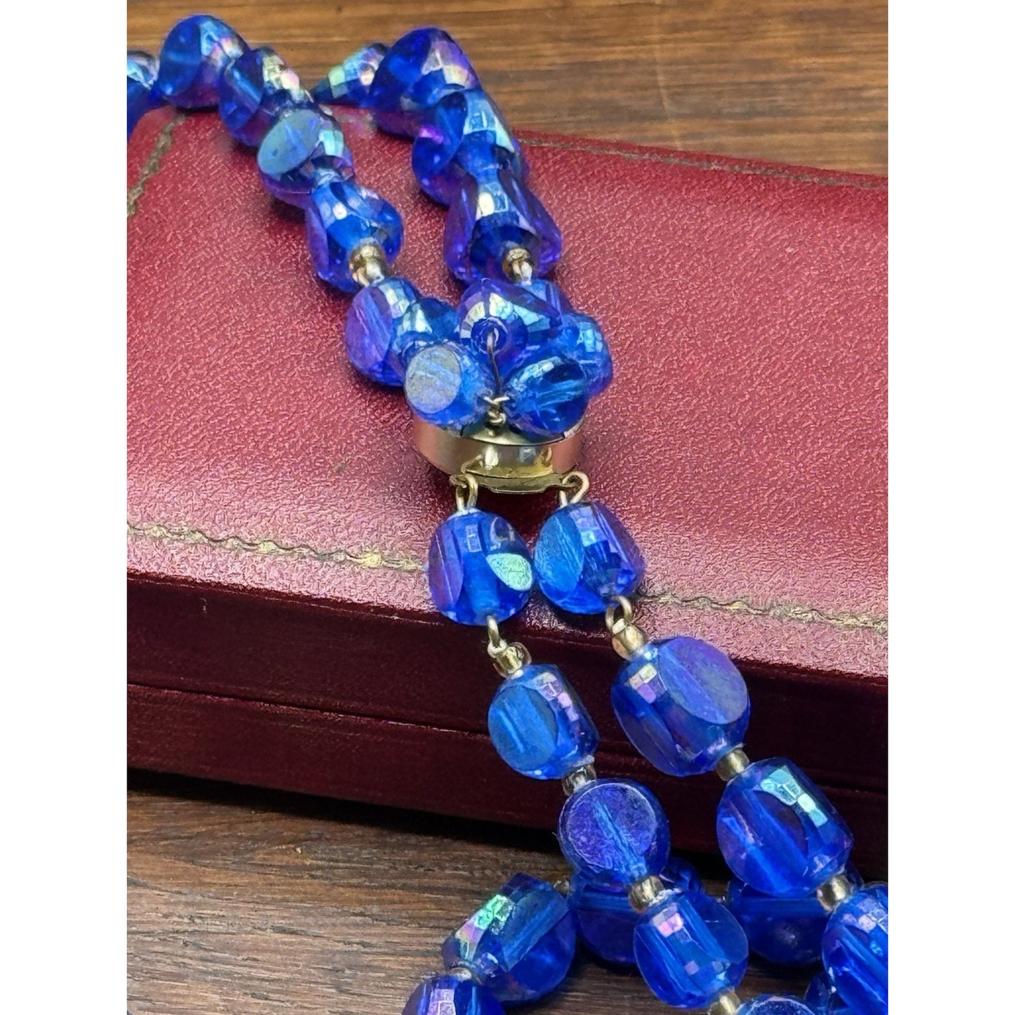 Vintage Blue Lucite AB Bead Necklace Double Strand Faceted Beads 19.5”