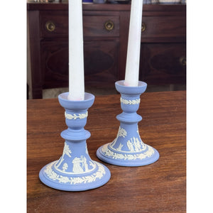 Wedgwood Blue Jasperware Candlestick Pair NEOCLASSICAL Figures 1982 4.75”