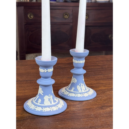 Wedgwood Blue Jasperware Candlestick Pair NEOCLASSICAL Figures 1982 4.75”