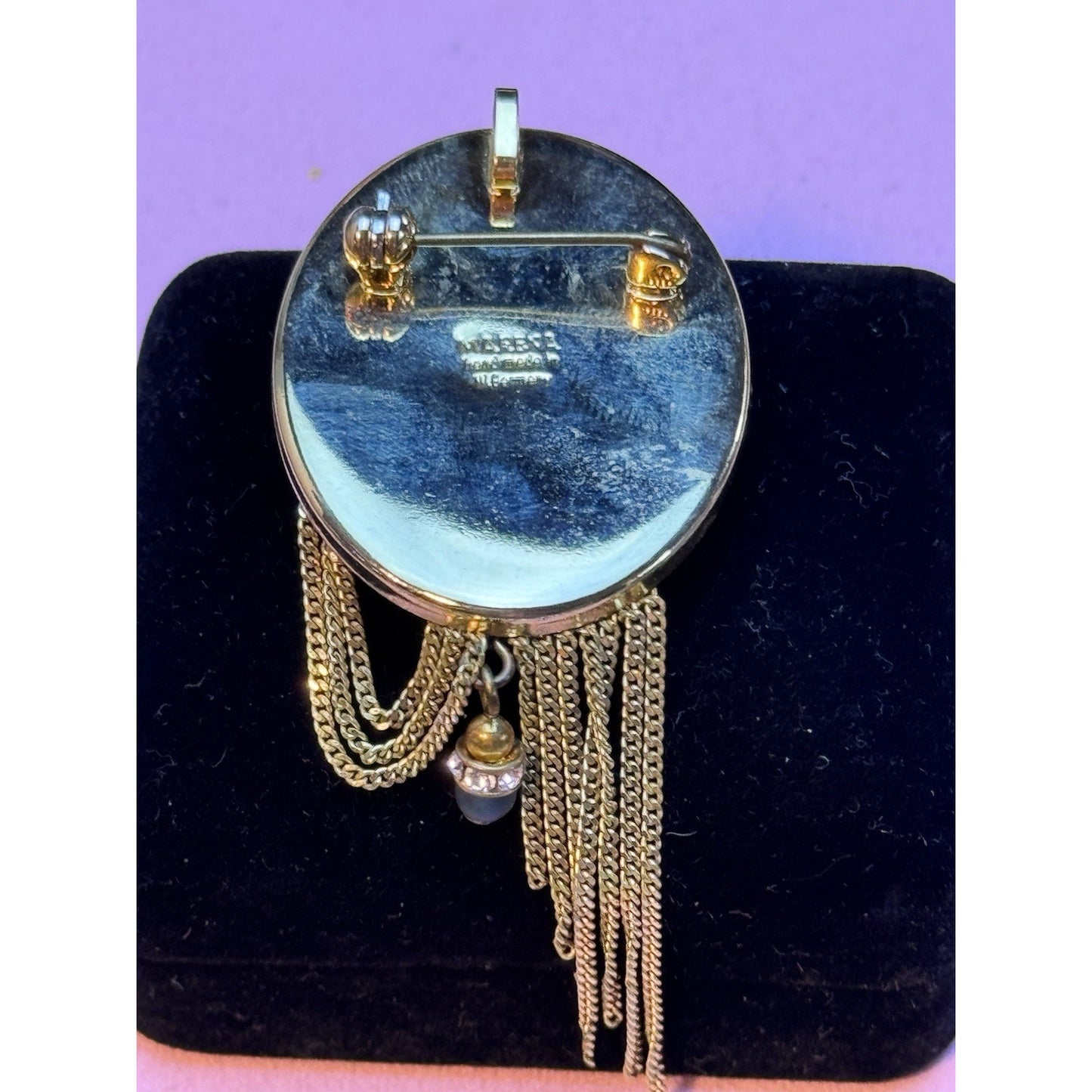 MARENA Germany Brooch Pendant Art Nouveau Revival Tassel Rhinestone Goldtone