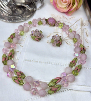 Vintage Pink Green Glass Bead Necklace Clip Earrings Set