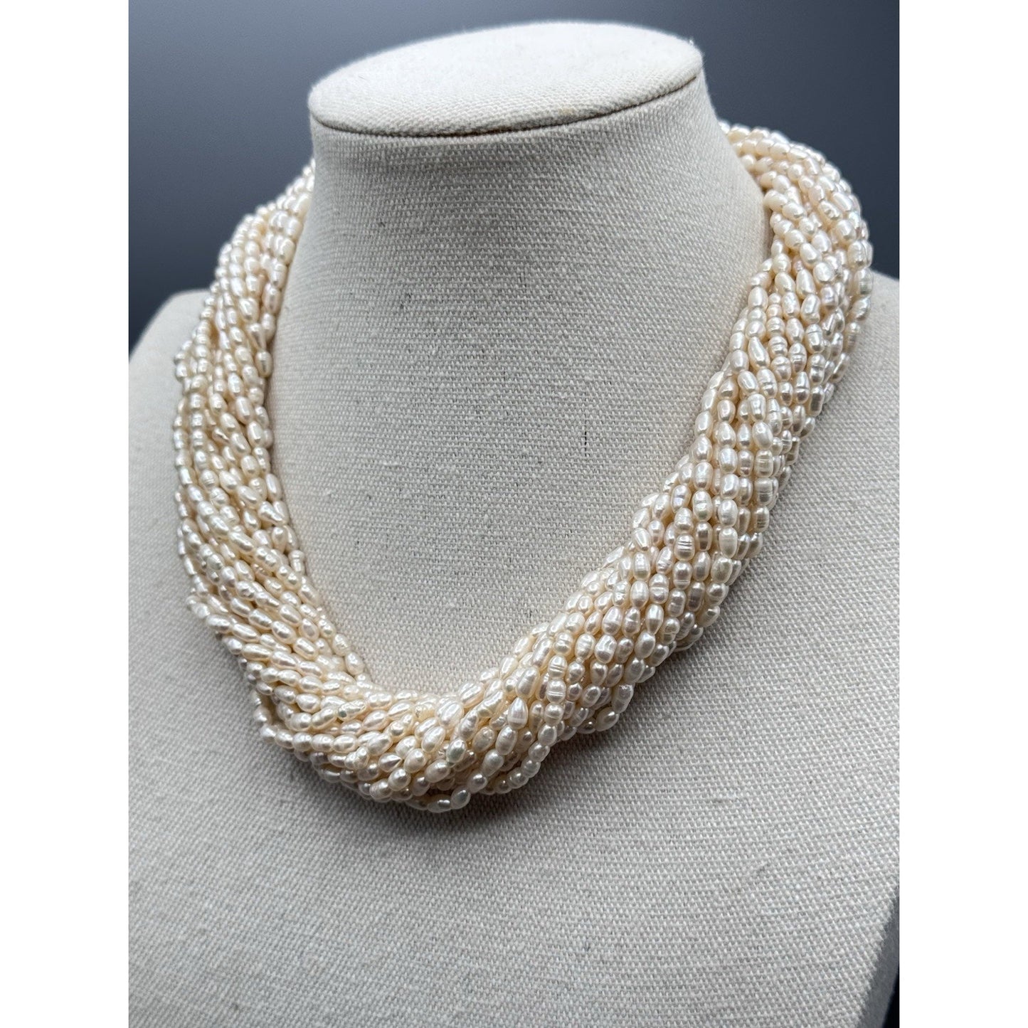 Natural Freshwater Pearl Necklace 19” Multi Strand Rice Pearl Goldtone Clasp