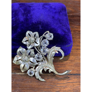 Vintage Brooch Silver-Goldtone Floral Clear Rhinestone Flower Spray Large 3”