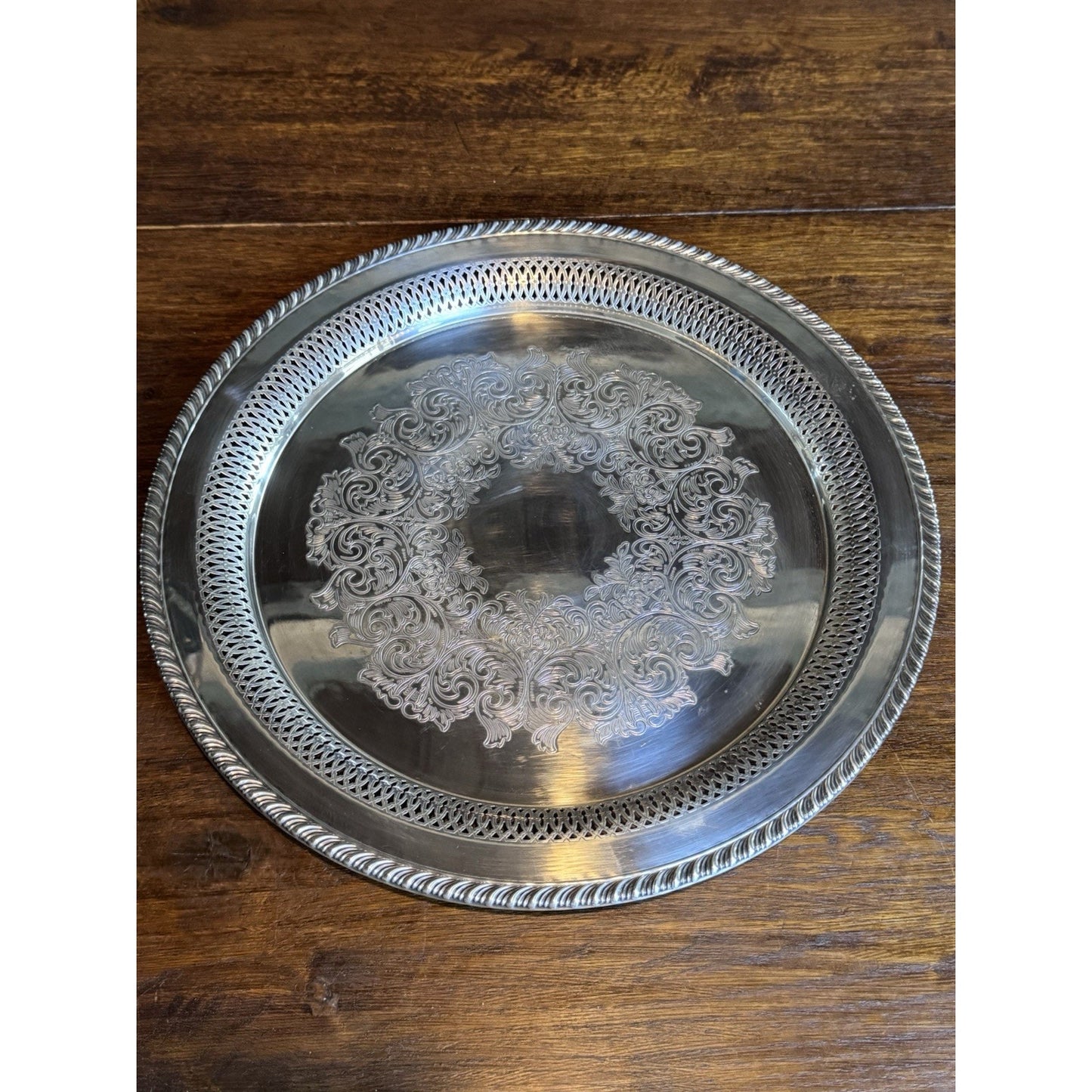 Silverplate Round Tray Reticulated 14.5” WM Rogers Engraved Serving Platter M