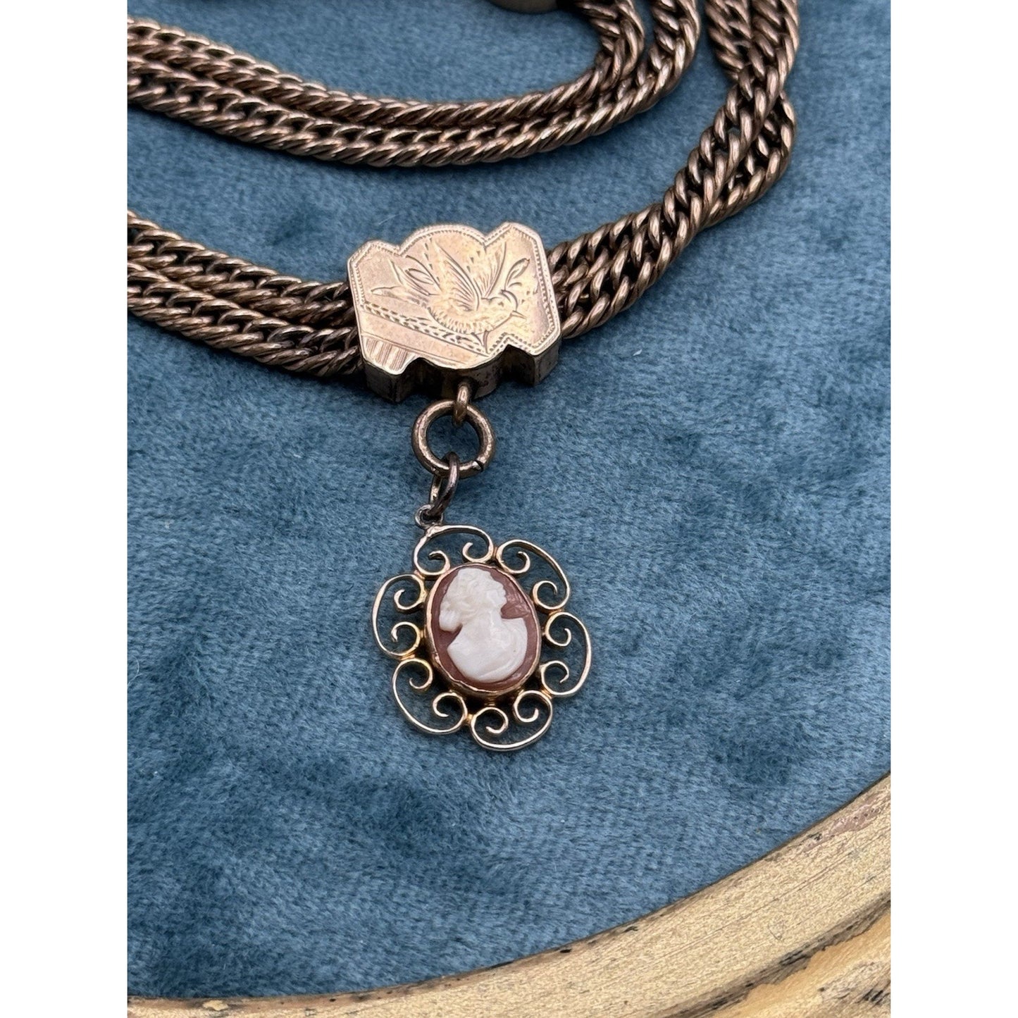 Antique Gold Filled Albert Watch Chain Cameo Fob T Bar 12” Victorian